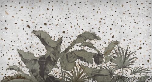 Fototapeta na wymiar tropikalne rośliny na tle lastryko MU12018 Growing Terrazzo.jpg