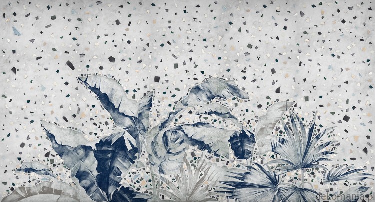 Fototapeta na wymiar tropikalne rośliny na tle lastryko MU12017 Growing Terrazzo.jpg